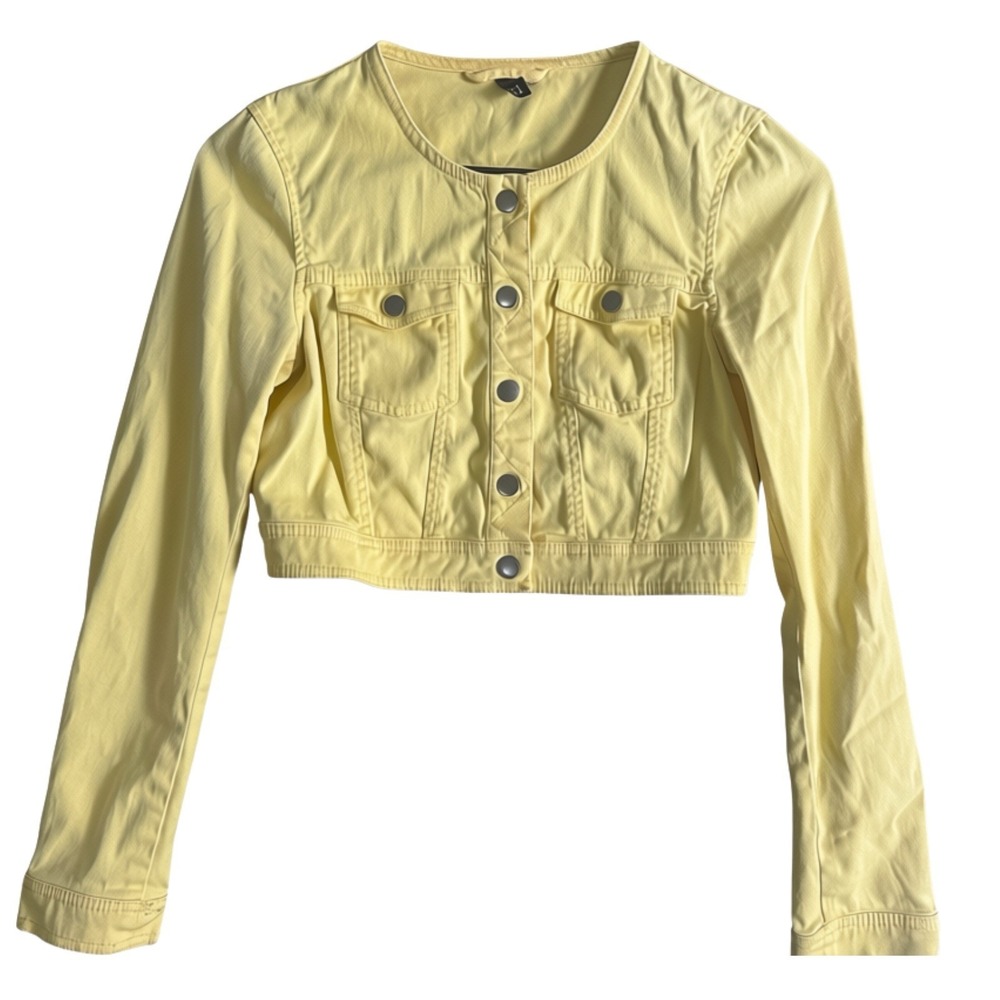 H&M Divided Cropped Denim Jacket Women's 4 Yellow Collarless Snap Front Trucker